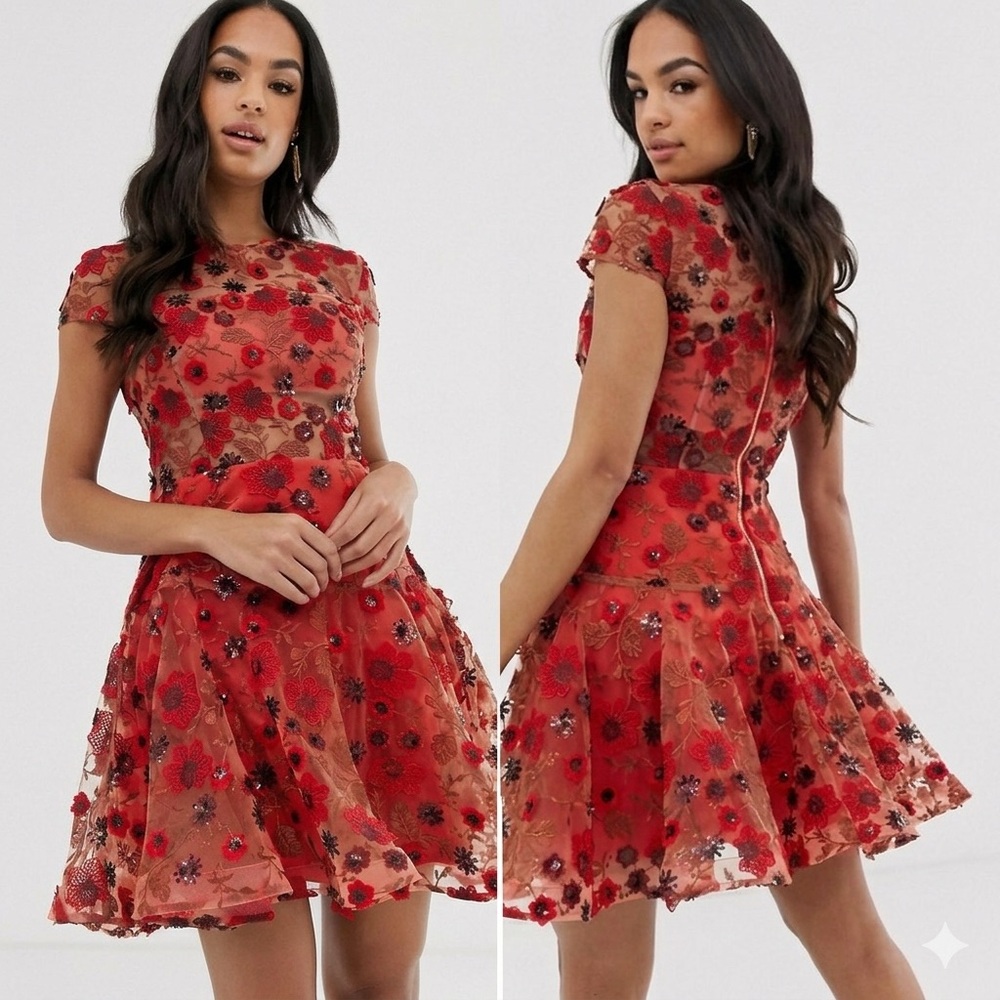 Bronx and Banco Della Rouge Mini Dress Red Floral Sheer Embellished Sz Medium 6